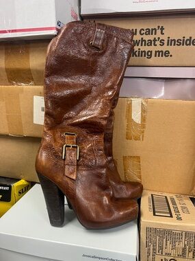 Jessica Simpson Brown Leather Mid-Calf Heeled Boots
